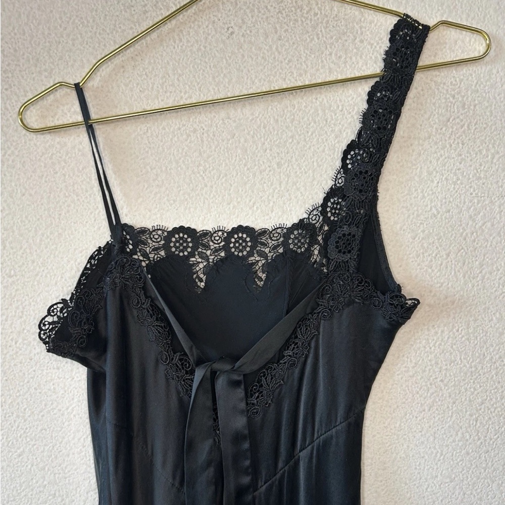 Vintage Y2K Black Silk Slip Dress Lace One Shoulder Maxi Goth S/M - Picture 3 of 13